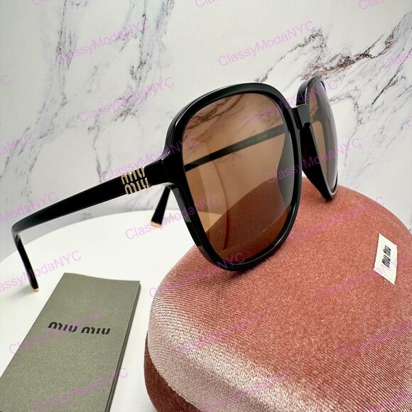 New MIU MIU Sunglasses MU B01S 16K90Q Black Brown Lens Oversized Pillow Square